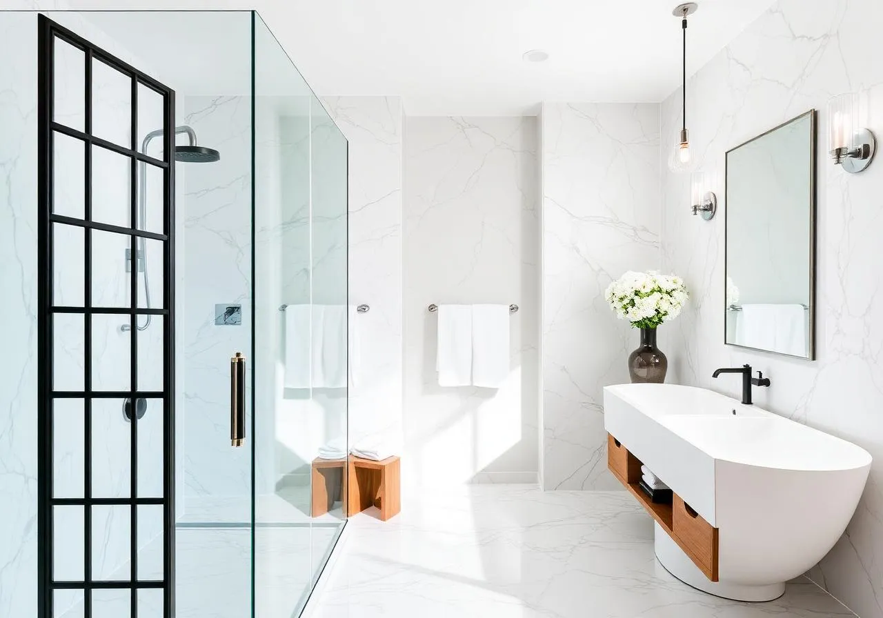 Marble bathroom with frameless glass shower