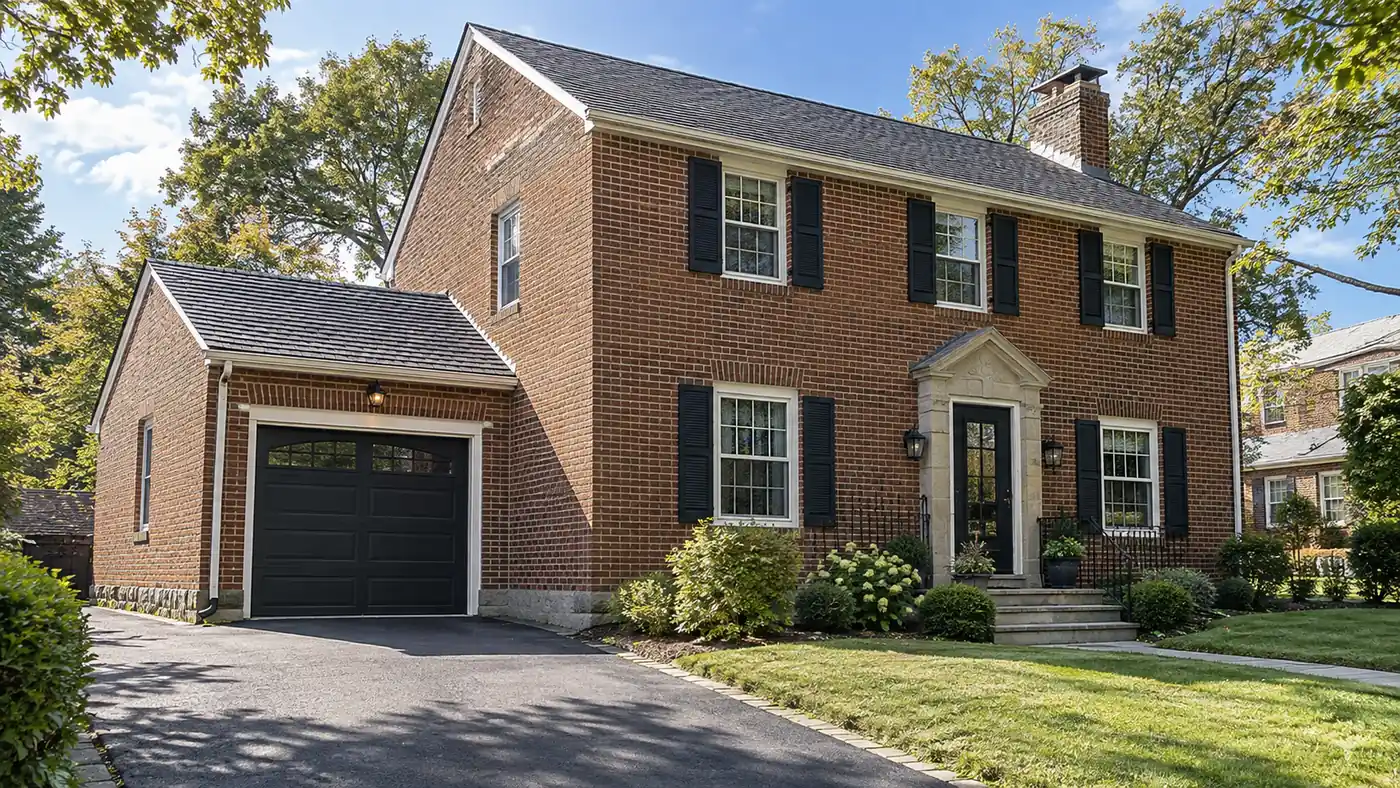 Concept rendering: attached garage addition with a black door on a brick colonial home in Wilmington, DE