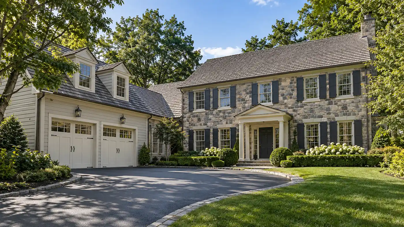 Concept rendering: attached garage on a stone home with a circular driveway in Wilmington, DE