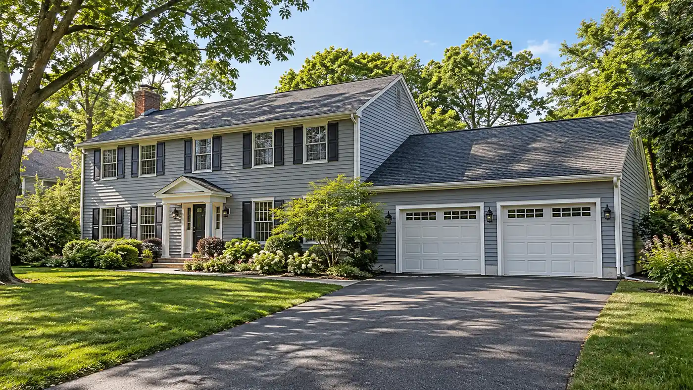 Concept rendering: attached two-car garage addition on a gray colonial home in Wilmington, DE