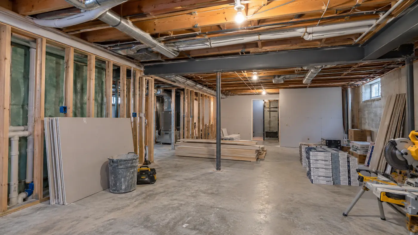 Concept rendering: basement remodel in progress with new wall framing and exposed joists in Wilmington, DE