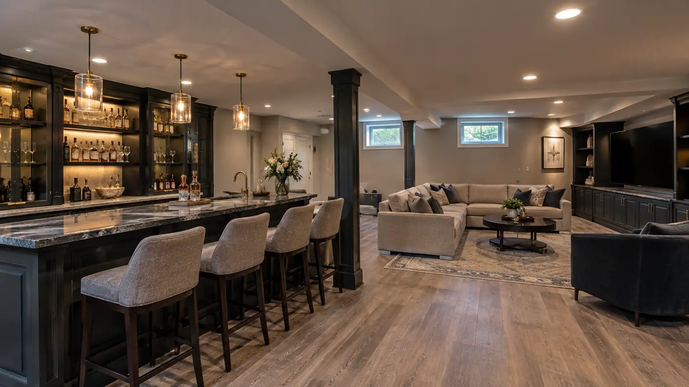 Concept rendering: finished basement wet bar with pendant lights, bar stools and dark cabinetry in Wilmington, DE