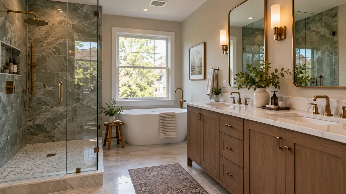 Concept rendering: bathroom with a glass walk-in shower, soaking tub and wood vanity by a window in Wilmington, DE