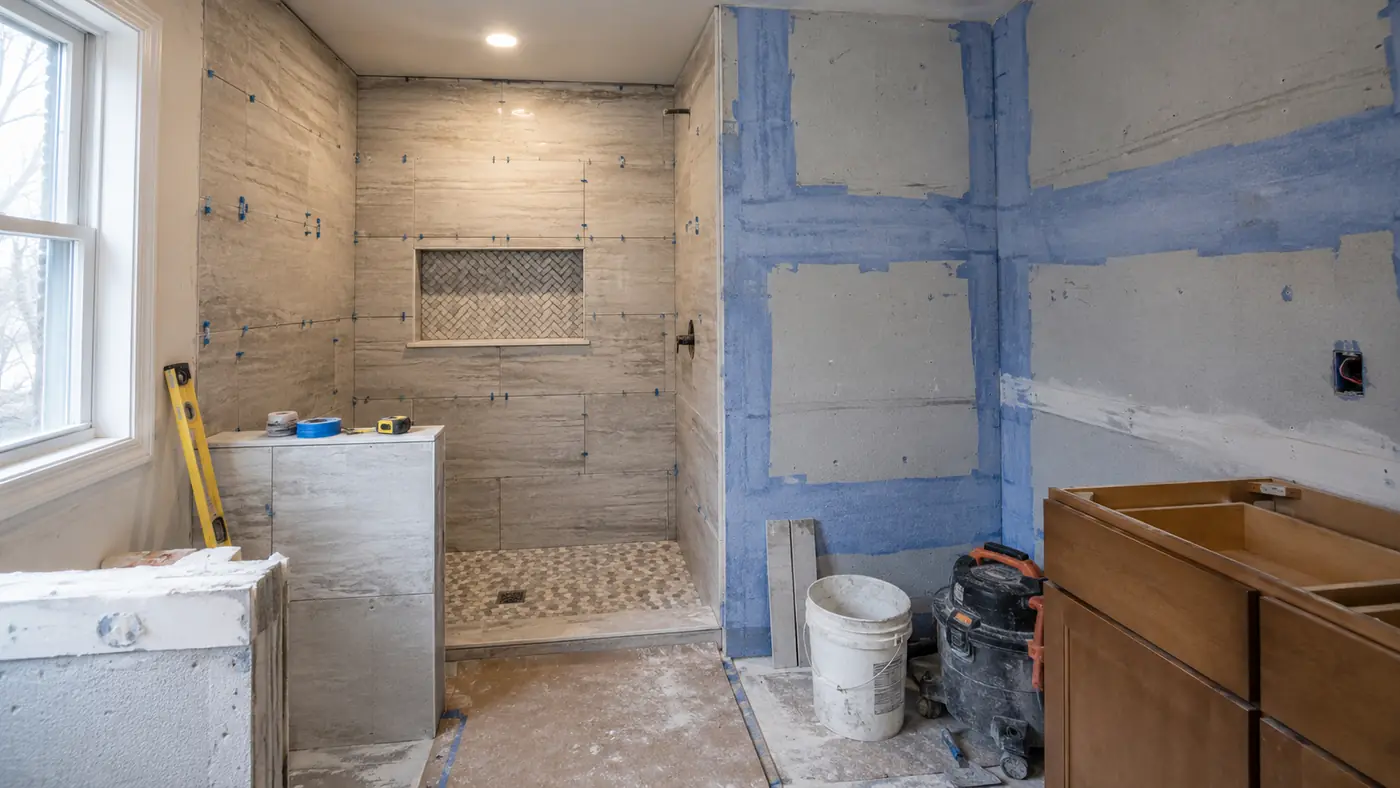 Concept rendering: bathroom remodel in progress with waterproofing membrane on the shower walls in Wilmington, DE
