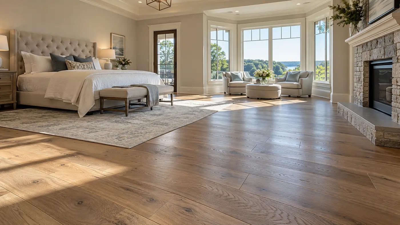 Concept rendering: bedroom with new light wood flooring and a bay window in Wilmington, DE