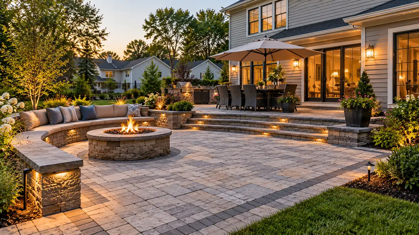 Concept rendering: circular paver patio with a fire pit and landscape lighting in Wilmington, DE