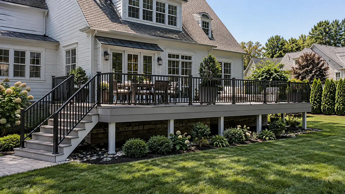 Concept rendering: composite deck with black railing and stairs behind a gray home in Wilmington, DE