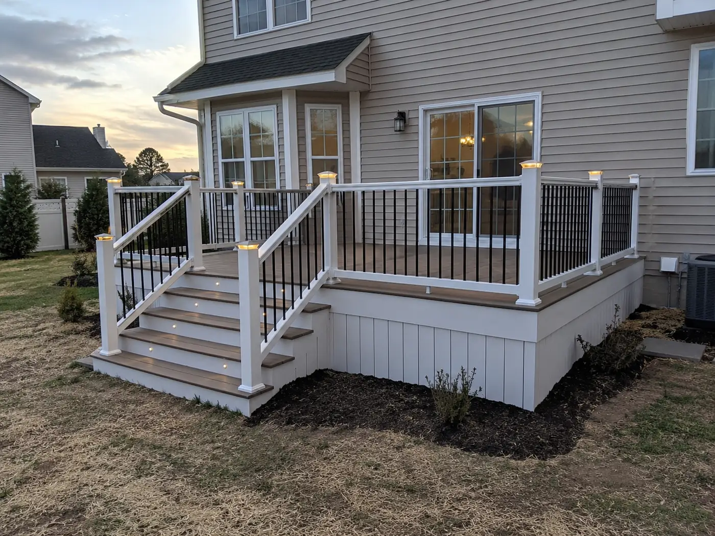 Concept rendering: composite deck at dusk with lit stairs, white railing and fresh mulch beds in Wilmington, DE