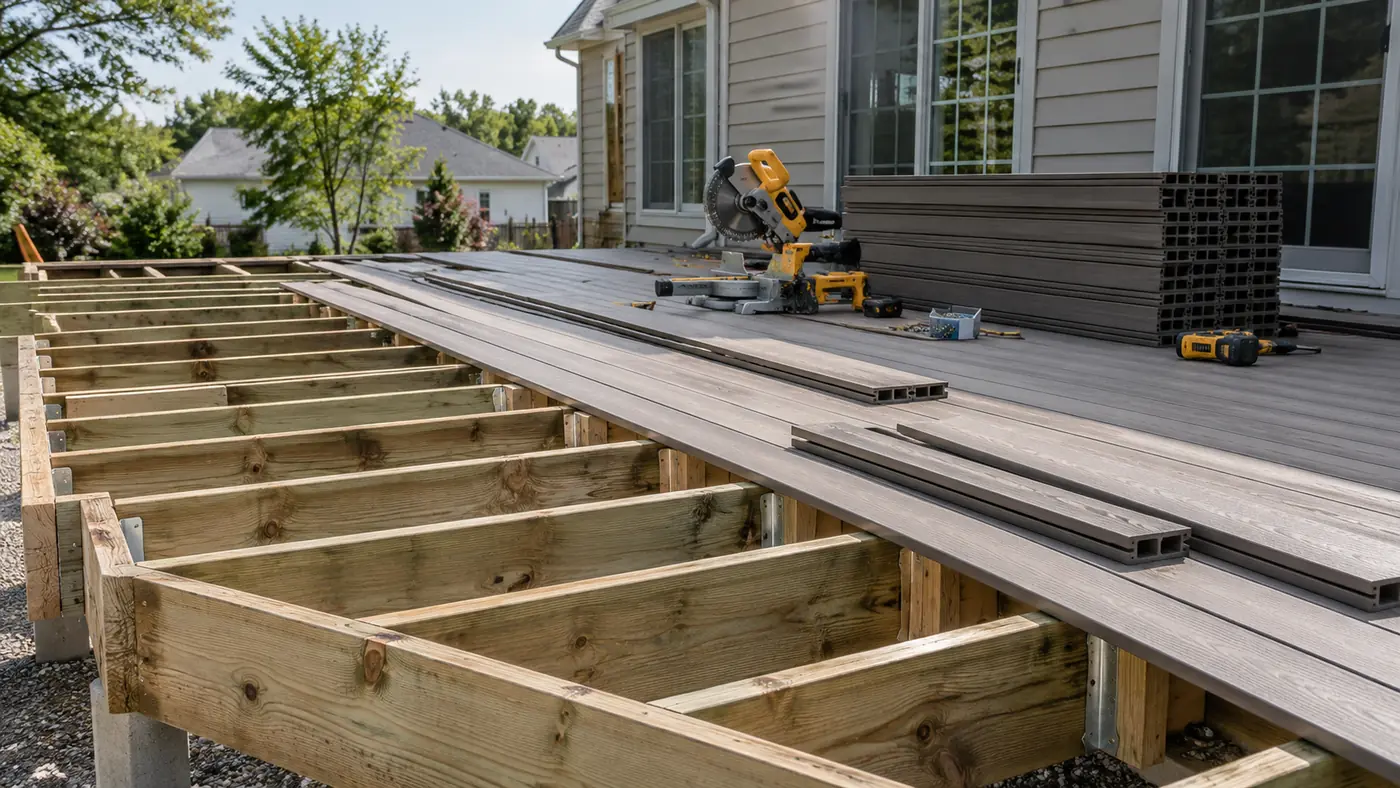 Concept rendering: composite deck build in progress with pressure-treated joists and framing in Wilmington, DE
