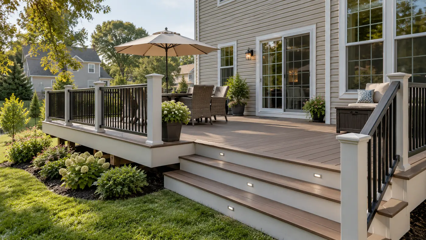 Concept rendering: composite deck with lounge chairs, an umbrella, wide steps and deck lighting in Wilmington, DE
