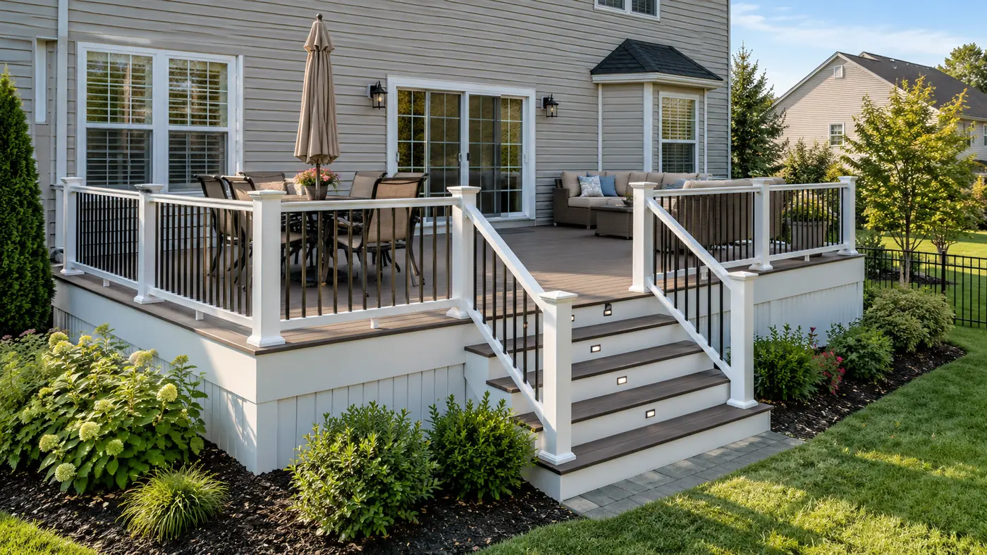Concept rendering: composite deck with white posts, black balusters, a dining set and steps beside a tan home in Wilmington, DE