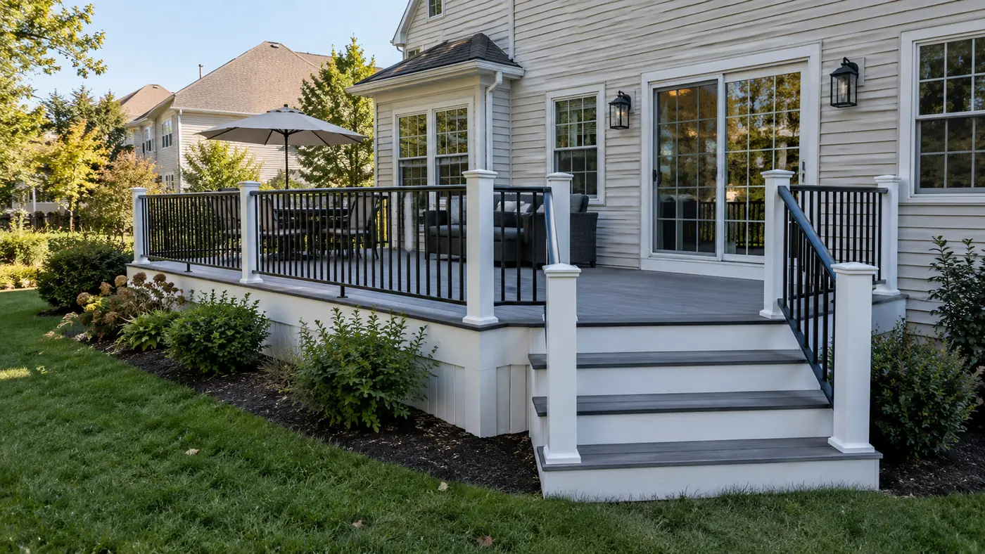 Concept rendering: spacious composite deck with white posts, black balusters, stairs and garden beds in Wilmington, DE