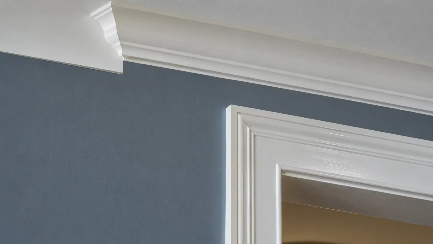 Concept rendering: crown molding and door casing painted white against a blue-gray wall in Wilmington, DE