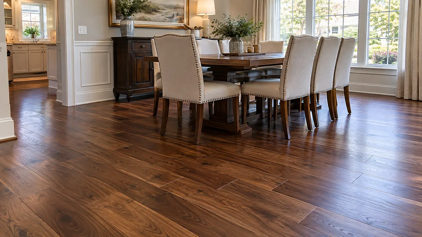 Concept rendering: dark hardwood plank floor in a bright dining room in Wilmington, DE