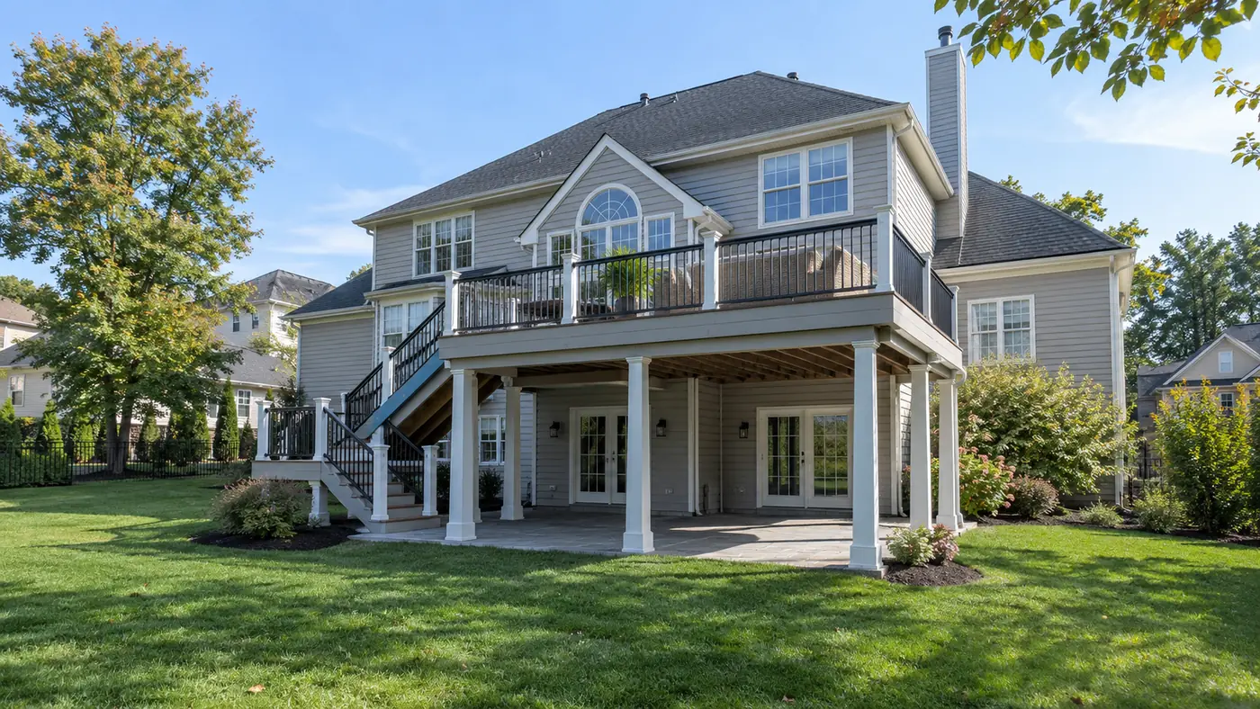 Concept rendering: elevated composite deck with white railing on a two-story home in Wilmington, DE