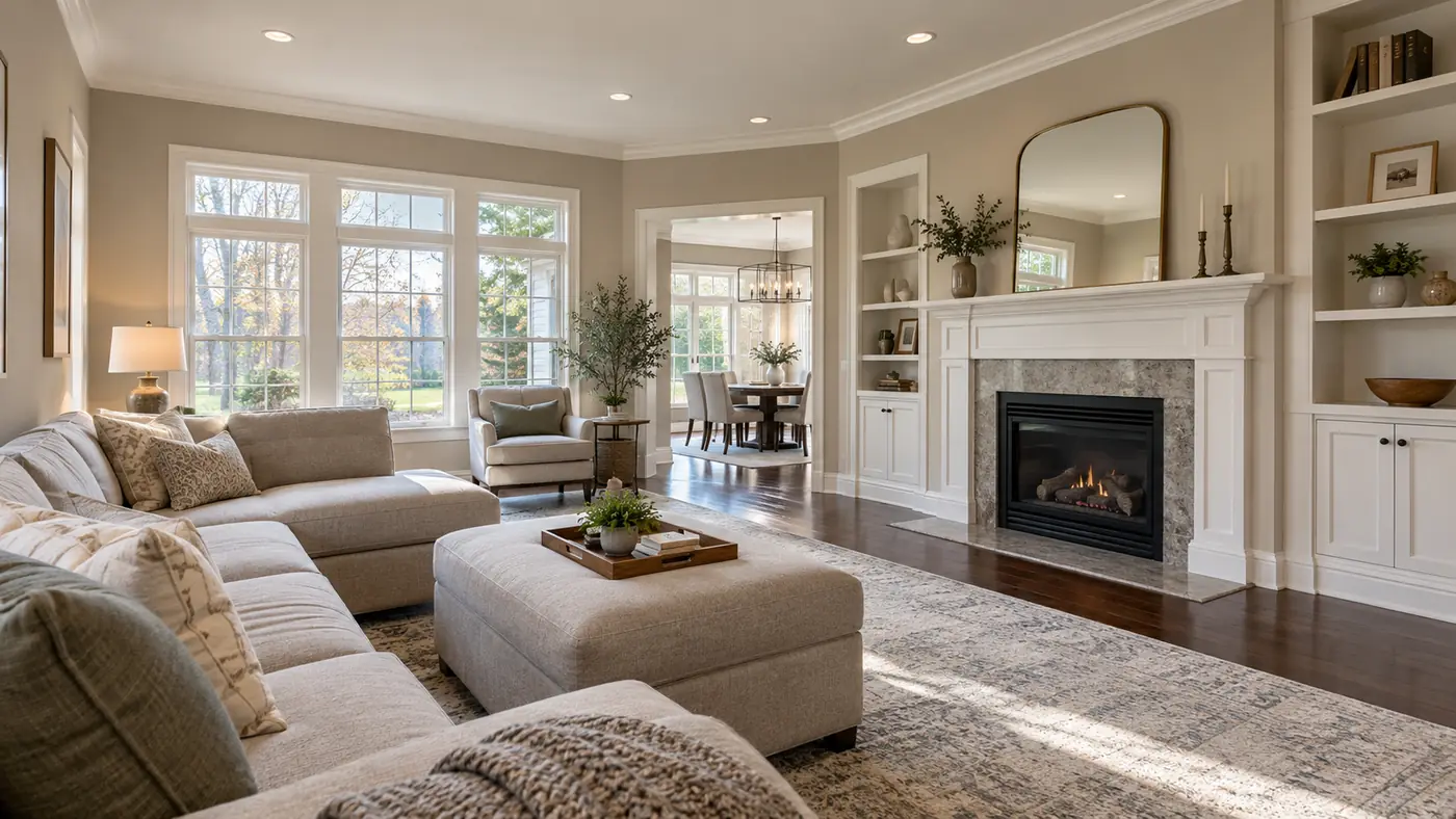 Concept rendering: family room with painted built-in shelving and a fireplace in Wilmington, DE