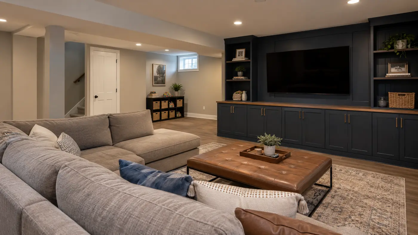 Concept rendering: finished basement lounge with a built-in black media cabinet and sectional in Wilmington, DE