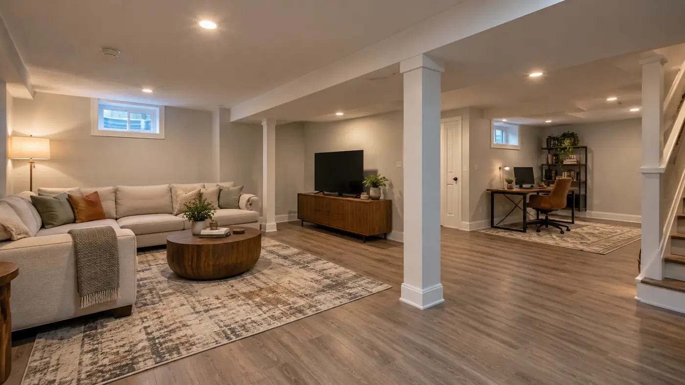 Concept rendering: finished basement with egress windows, a sectional and a home office nook in Wilmington, DE
