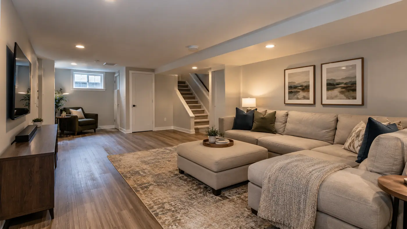 Concept rendering: finished basement family room with a gray sectional, TV wall and wood-look floors in Wilmington, DE