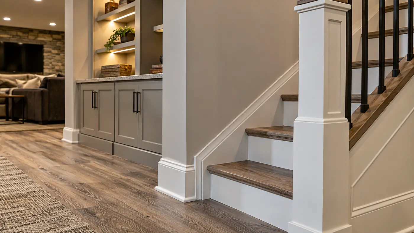 Concept rendering: finished basement staircase with white railing and built-in cabinets in Wilmington, DE