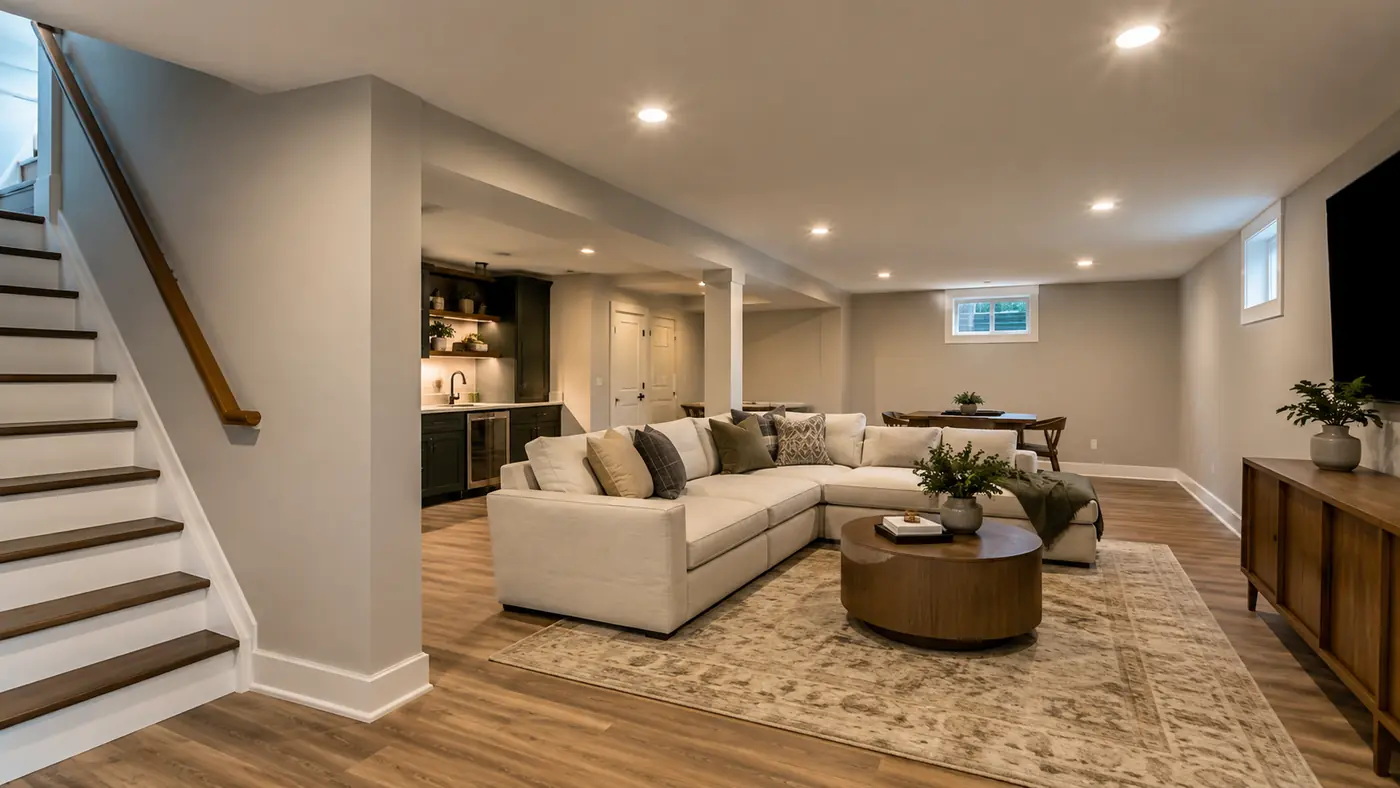 Concept rendering: finished basement with open stairs, a white sectional and recessed lighting in Wilmington, DE