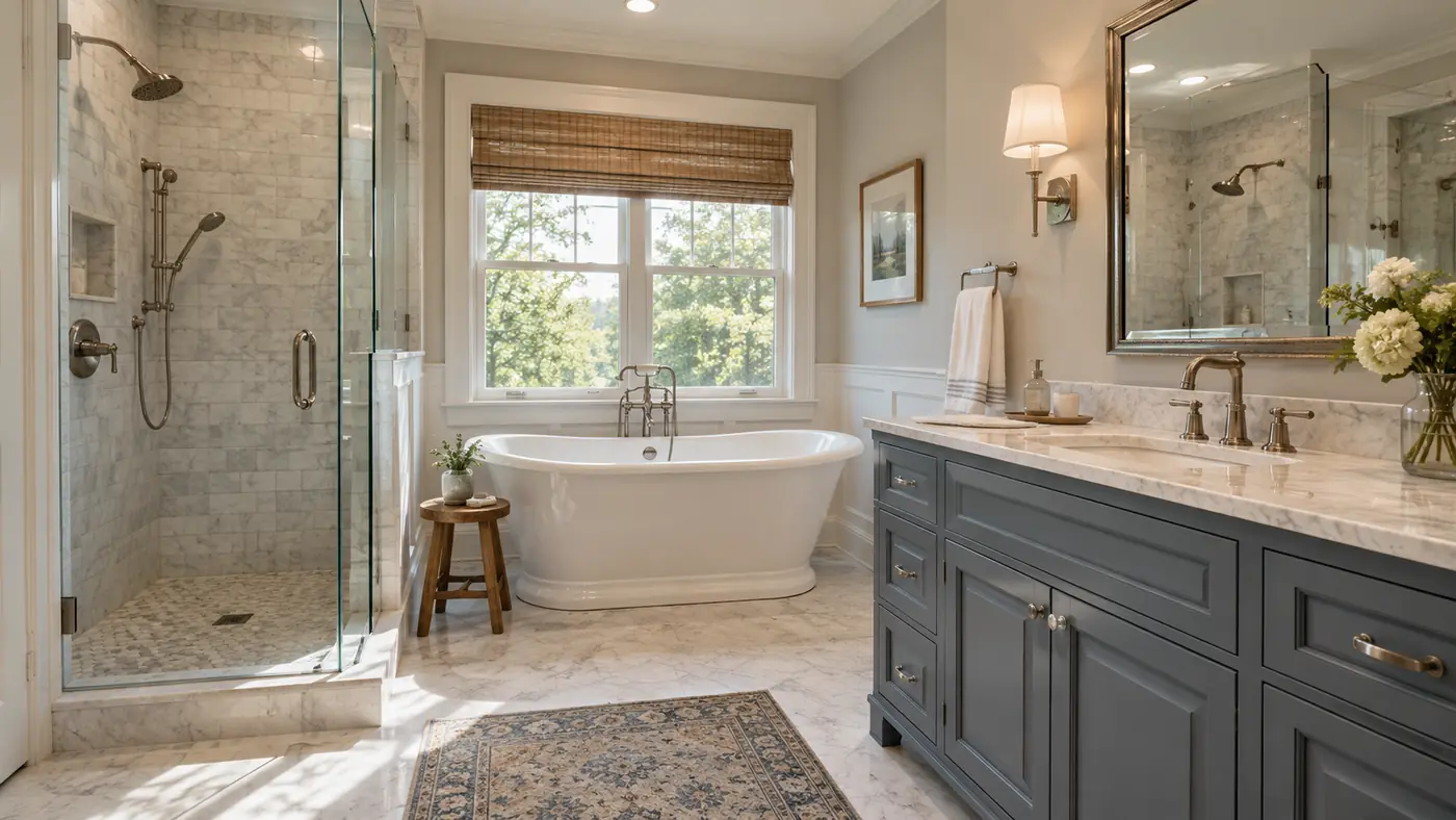 Concept rendering: primary bathroom with a freestanding tub, glass shower and navy vanity in Wilmington, DE