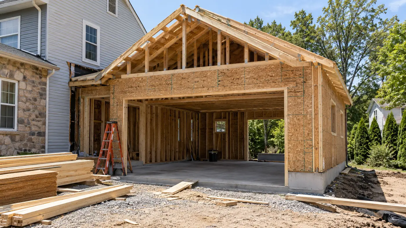 Concept rendering: garage addition under construction with wall framing and roof trusses in Wilmington, DE