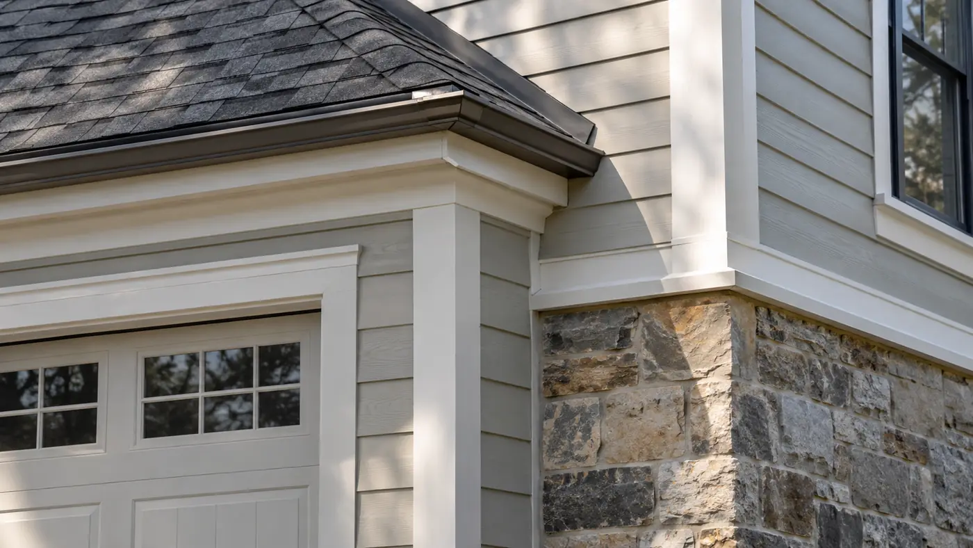Concept rendering: garage addition detail showing matched siding, stone base and white trim in Wilmington, DE