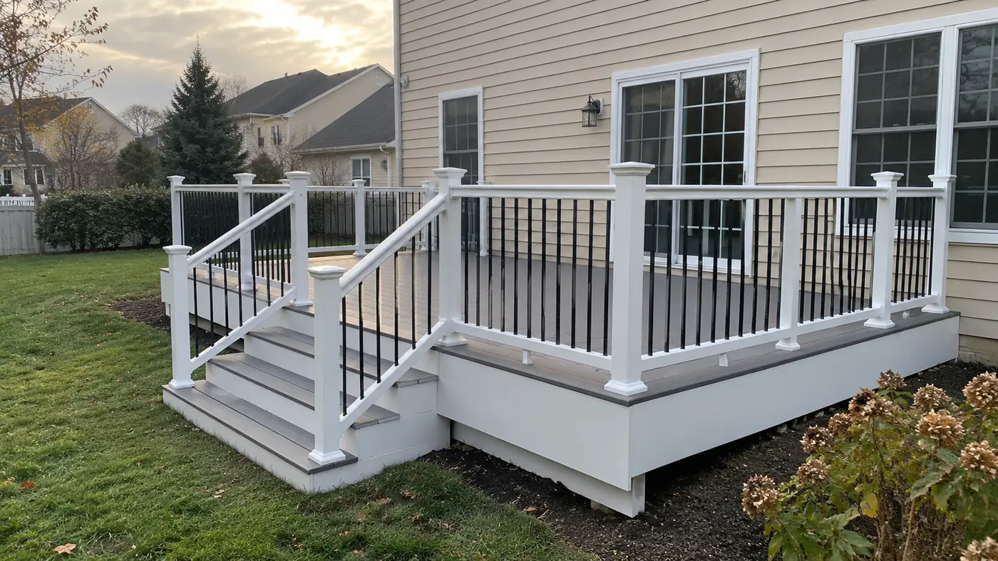 Concept rendering: gray composite deck with white railings and steps at the corner of a home in Wilmington, DE