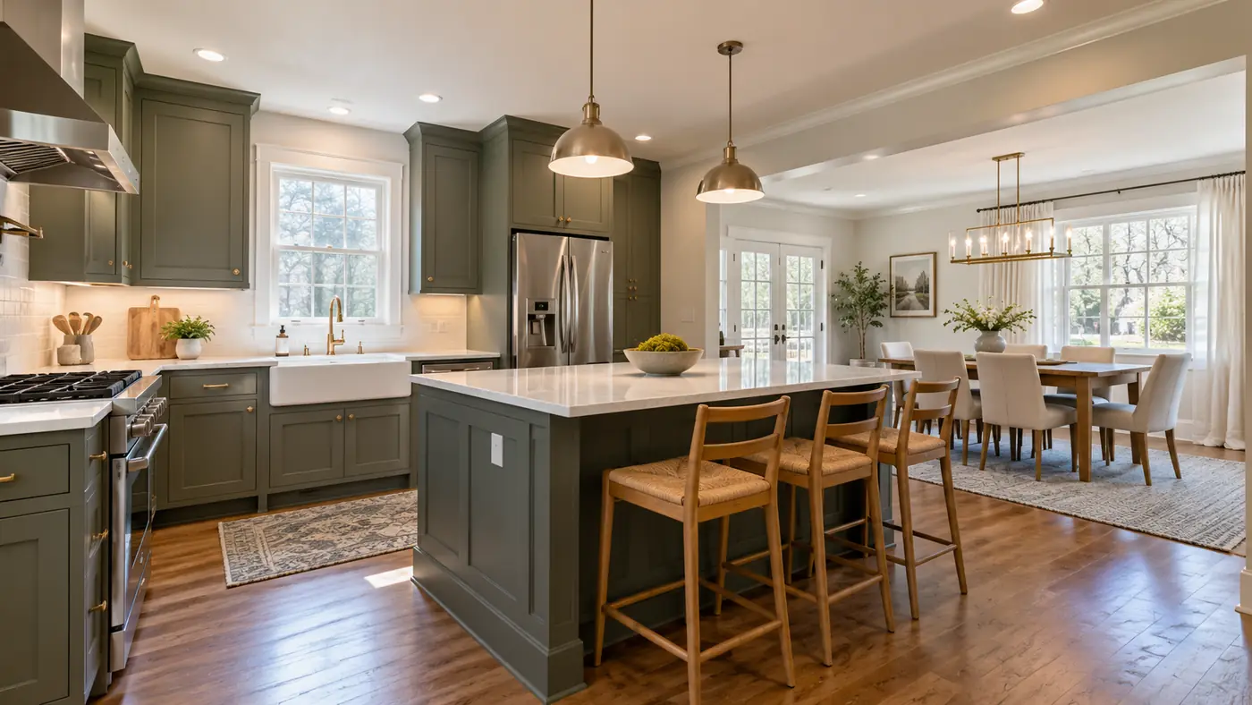 Concept rendering: green cabinet kitchen with an island opening to the dining area in Wilmington, DE
