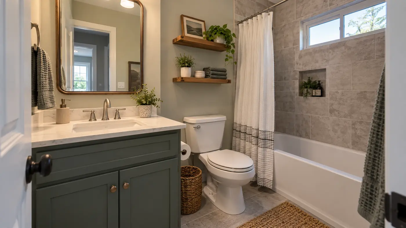 Concept rendering: remodeled hall bathroom with a green vanity, tub-shower combo and open shelves in Wilmington, DE