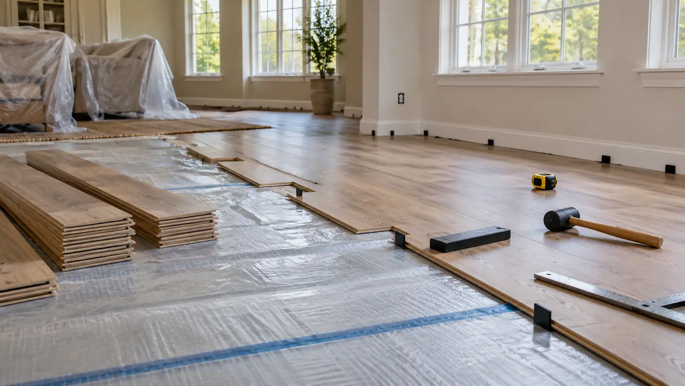 Concept rendering: hardwood floor installation in progress with planks laid out and a mallet in Wilmington, DE