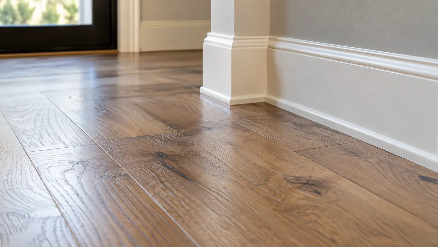 Concept rendering: close-up of a new hardwood plank floor meeting white baseboard trim in Wilmington, DE