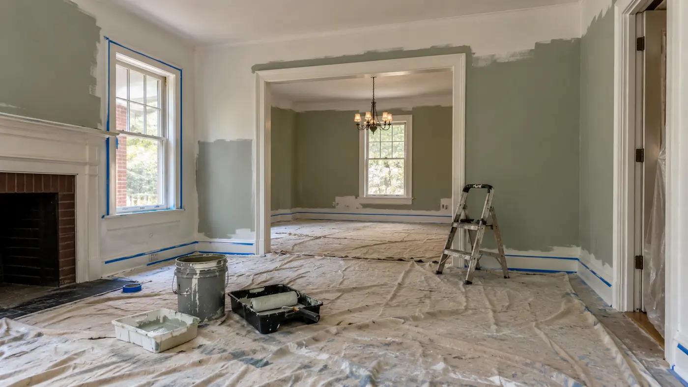 Concept rendering: interior painting in progress with drop cloths and a ladder in Wilmington, DE
