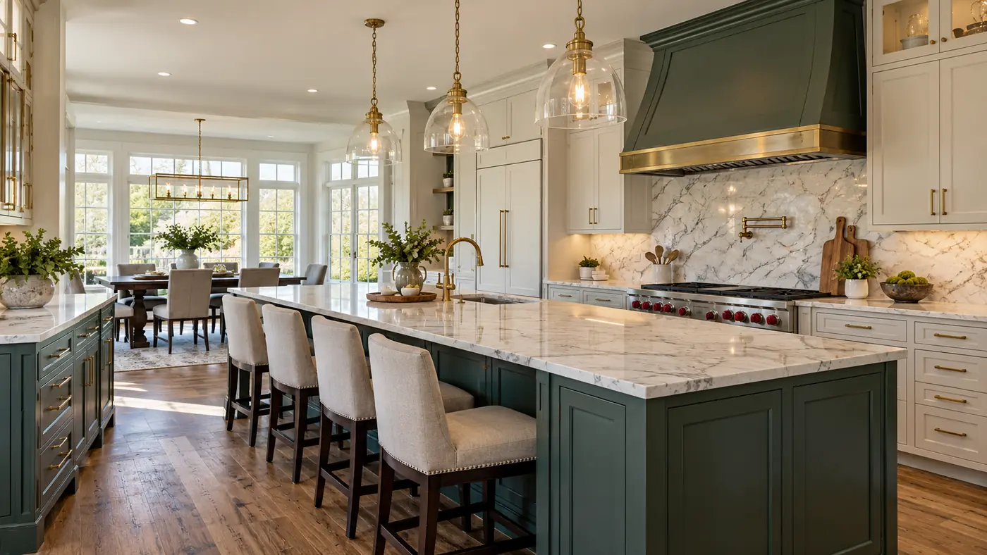 Concept rendering: kitchen with a green island, white cabinets and a custom range hood in Wilmington, DE