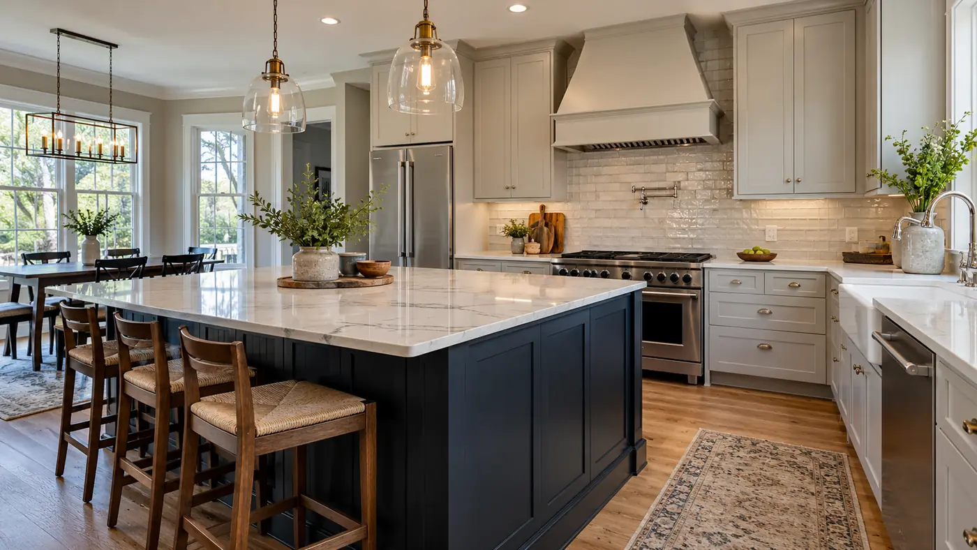 Concept rendering: kitchen with a navy island, pendant lights and an open dining area in Wilmington, DE