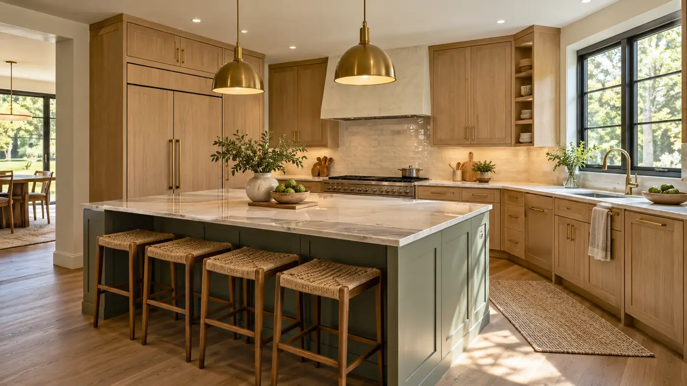 Concept rendering: kitchen remodel with light oak cabinets, a marble island and bar stools in Wilmington, DE