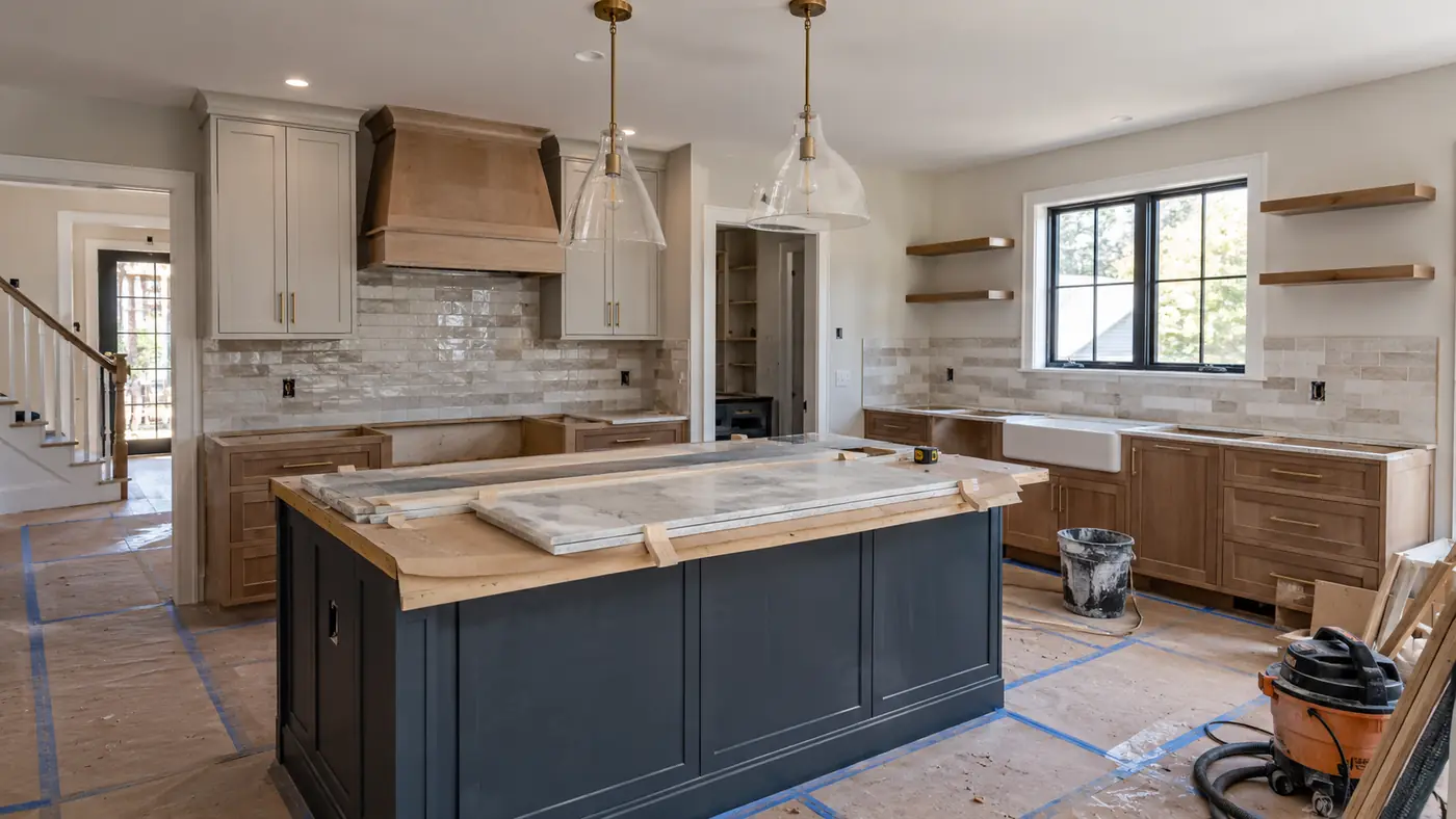 Concept rendering: kitchen remodel in progress with new cabinets installed and counters pending in Wilmington, DE