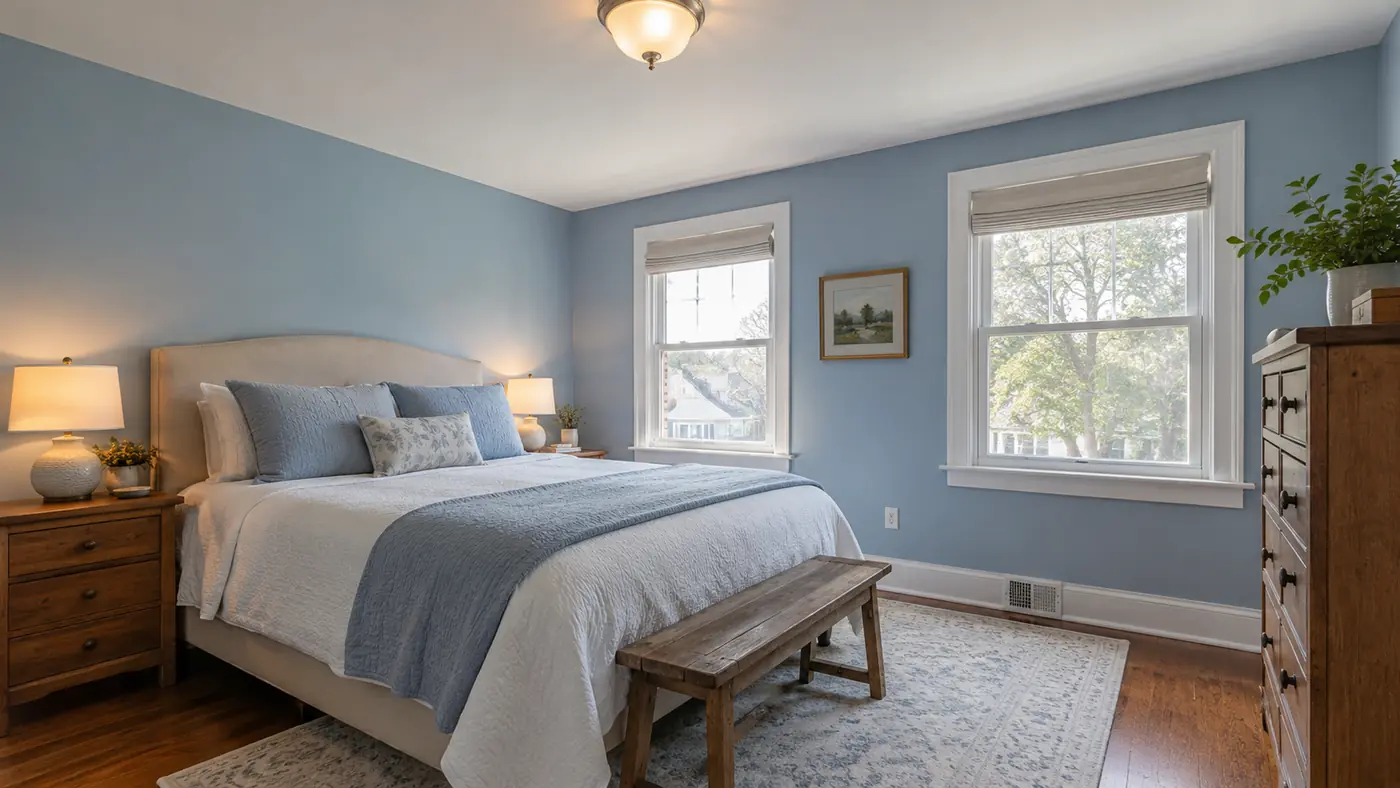 Concept rendering: bedroom painted light blue with white trim and wood floors in Wilmington, DE