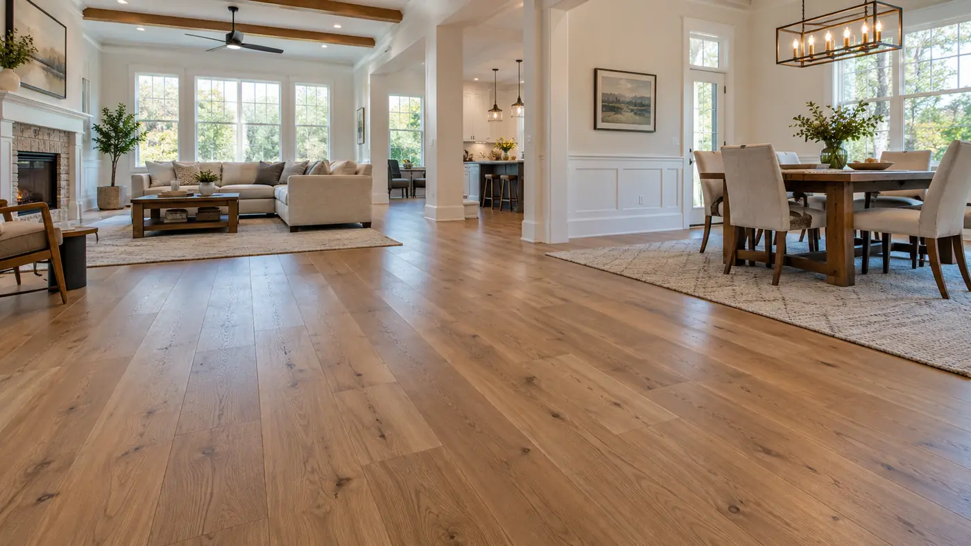 Concept rendering: light hardwood floors running through an open living and dining room in Wilmington, DE