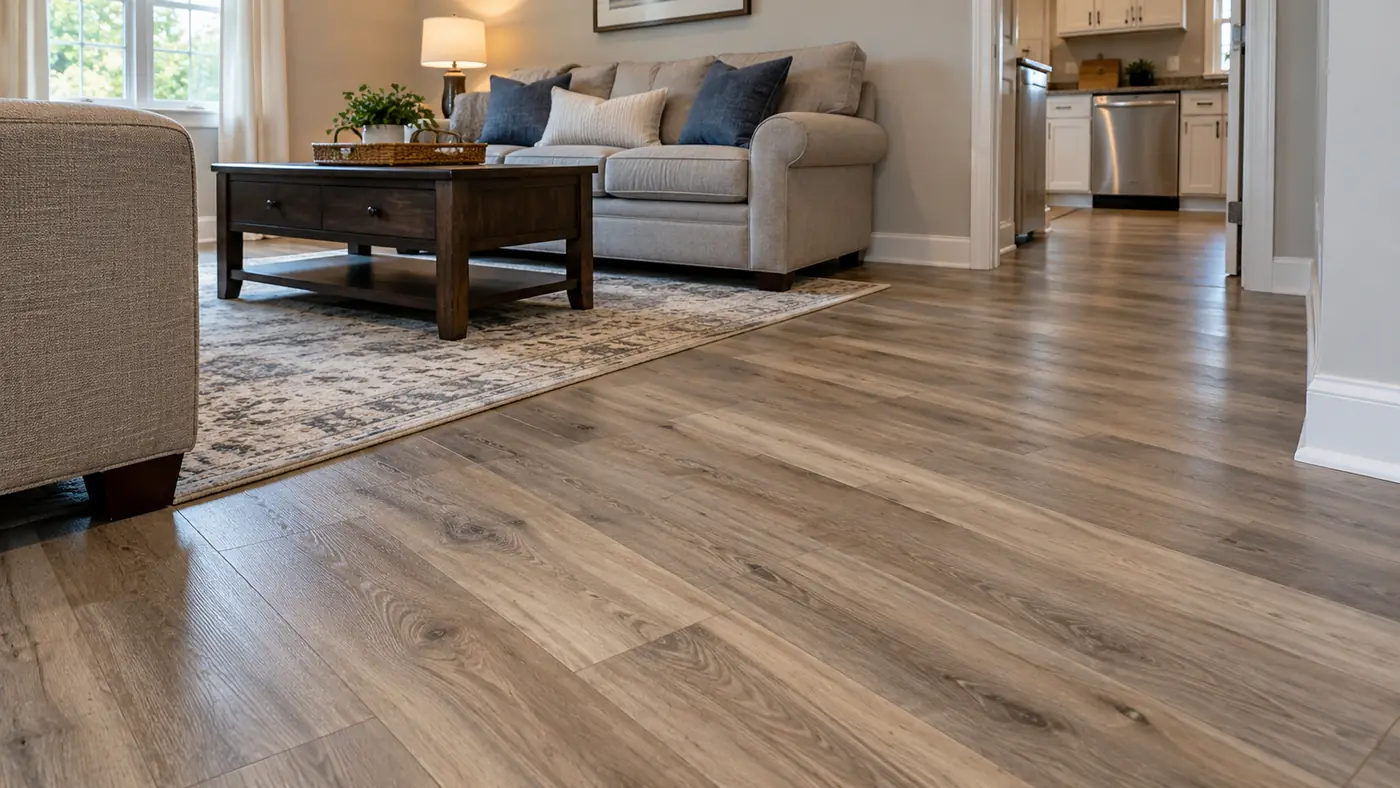 Concept rendering: luxury vinyl plank flooring in a living room with a stone fireplace in Wilmington, DE