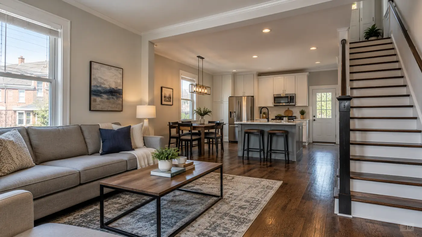 Concept rendering: main-floor renovation with the living room opened to the kitchen and stairs in Wilmington, DE