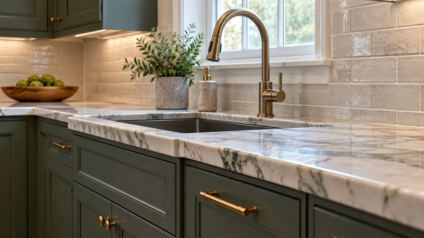 Concept rendering: marble countertop with green cabinets and a brass faucet in Wilmington, DE