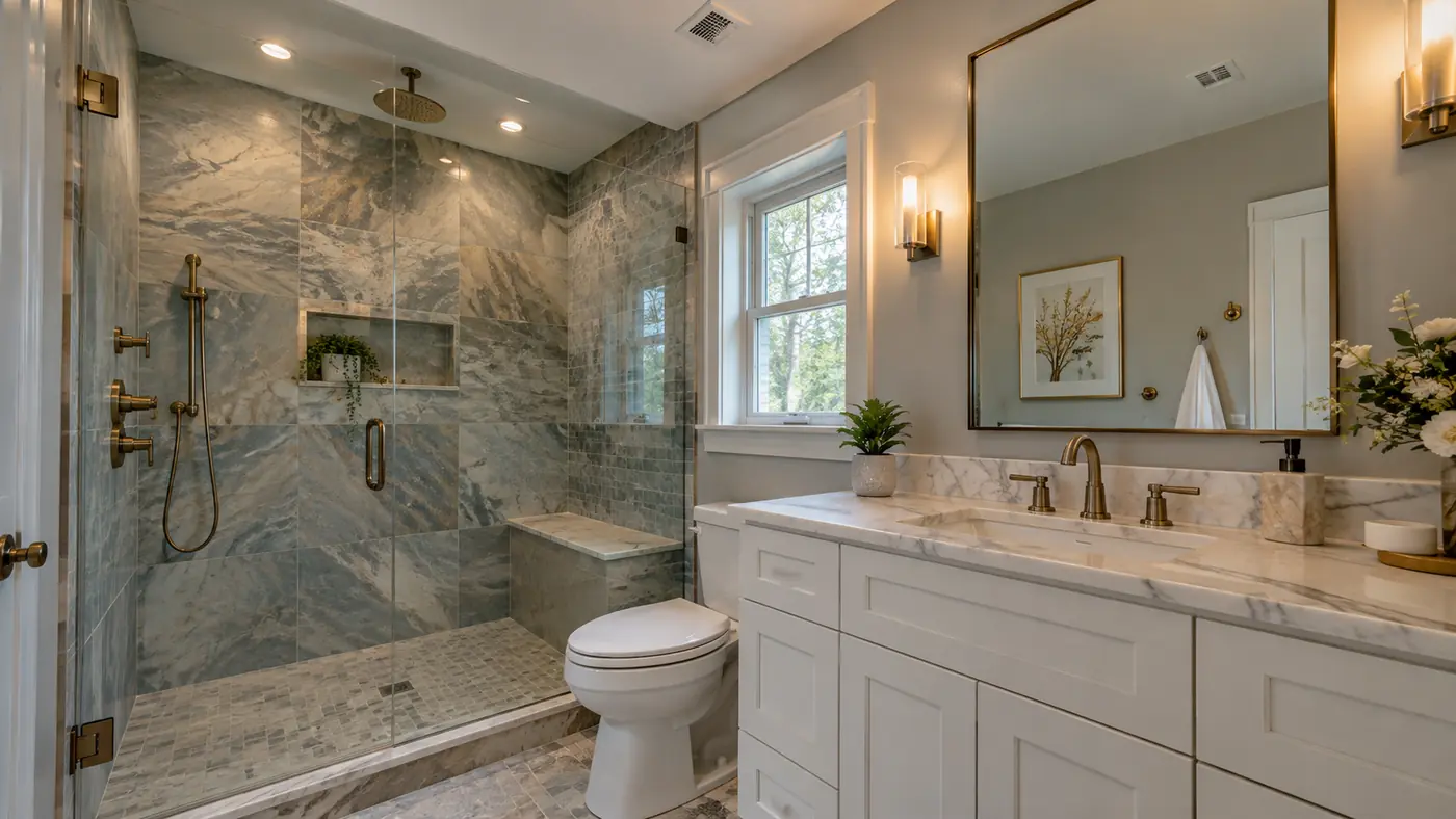 Concept rendering: bathroom remodel with a marble tile walk-in shower and white vanity in Wilmington, DE