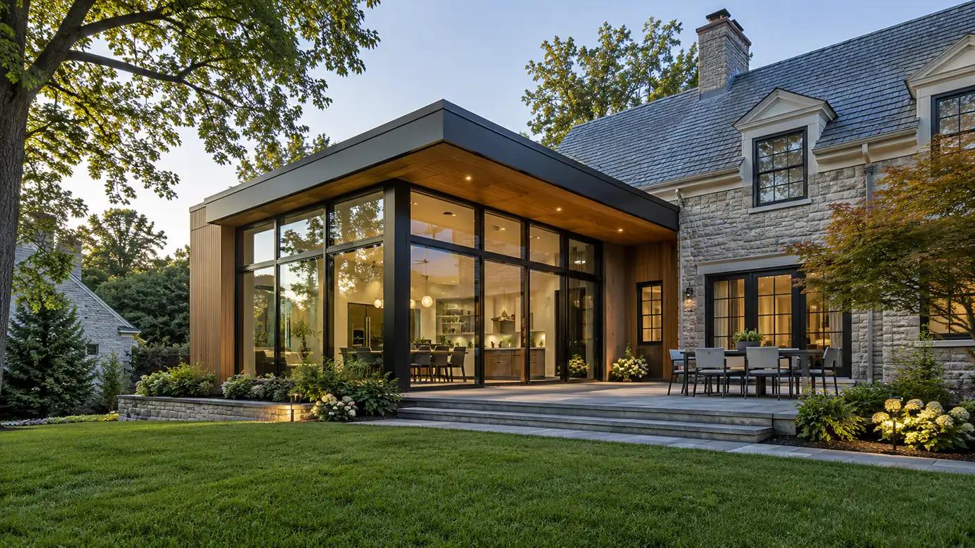 Concept rendering: modern glass-walled room addition on a stone home in Wilmington, DE