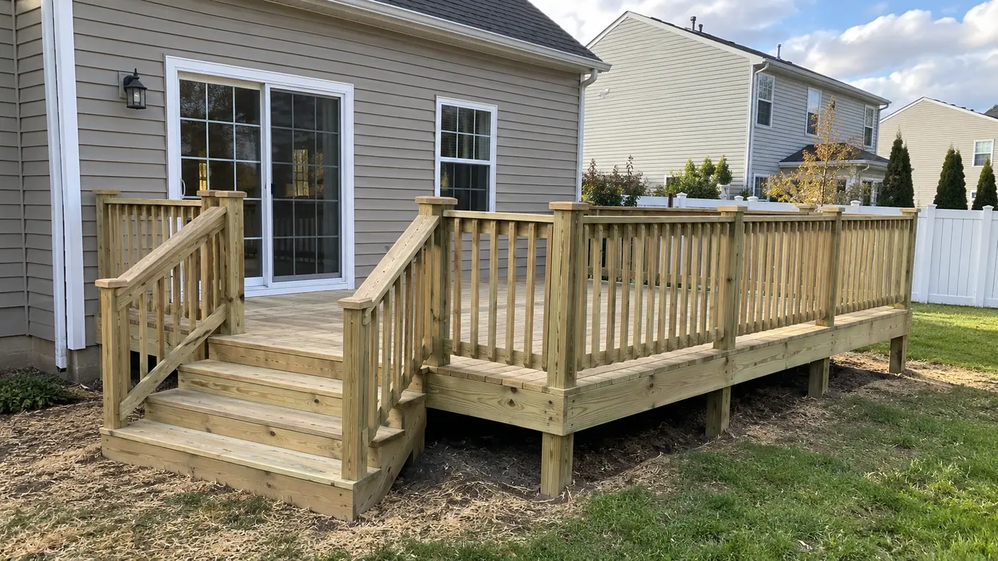 Concept rendering: new pressure-treated wood deck with railing and stairs beside a siding home in Wilmington, DE