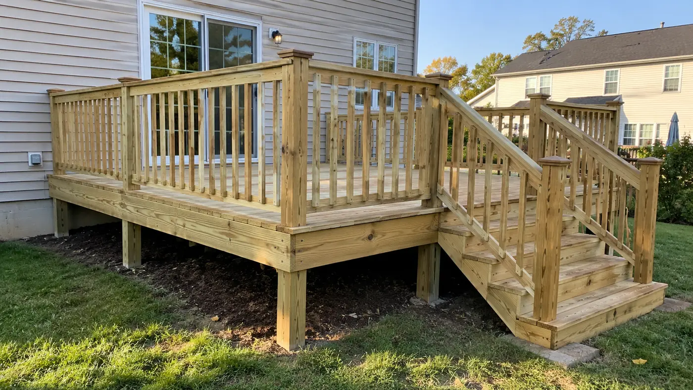 Concept rendering: newly built wood deck with corner stairs at the back of a siding home in Wilmington, DE