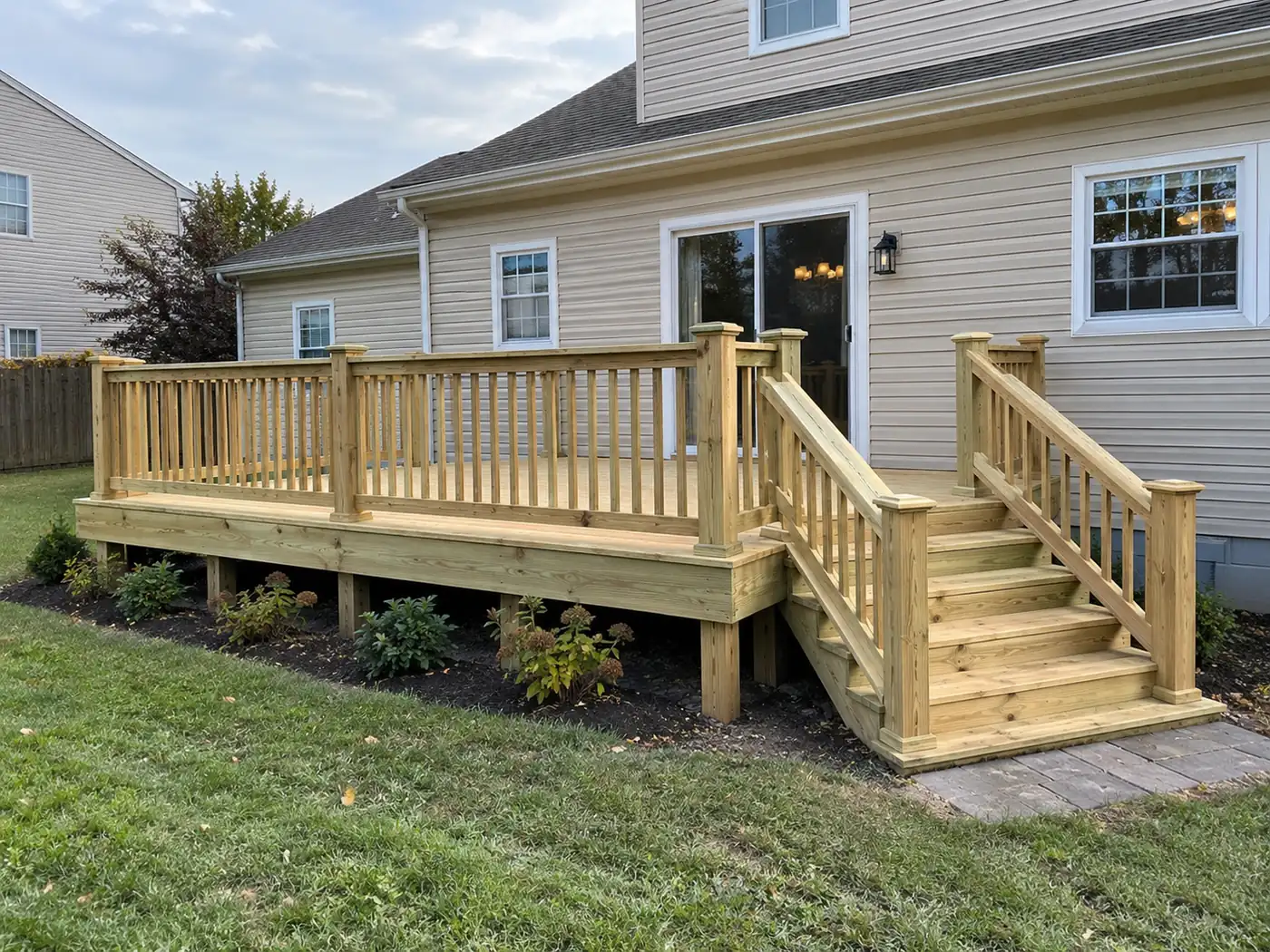 Concept rendering: newly built wood deck with stairs and freshly planted garden beds in Wilmington, DE