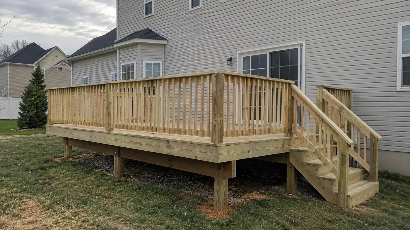 Concept rendering: newly built wood deck with spindle railing and steps down to the lawn in Wilmington, DE
