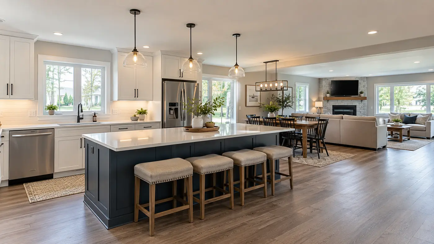 Concept rendering: open-concept kitchen with a navy island flowing into the living room in Wilmington, DE